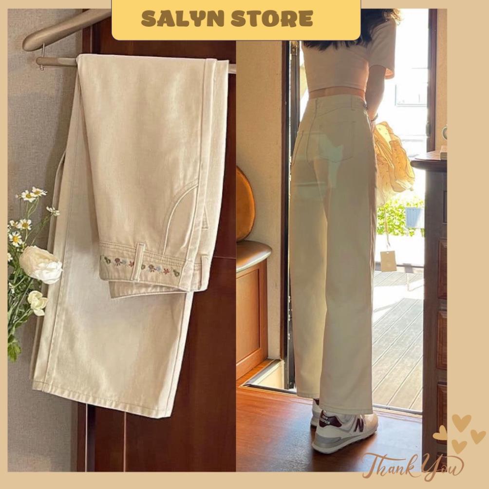 Quần jeans kaki ống suông dài màu trắng sữa thêu hoa phong cách Hàn Quốc Salyn New