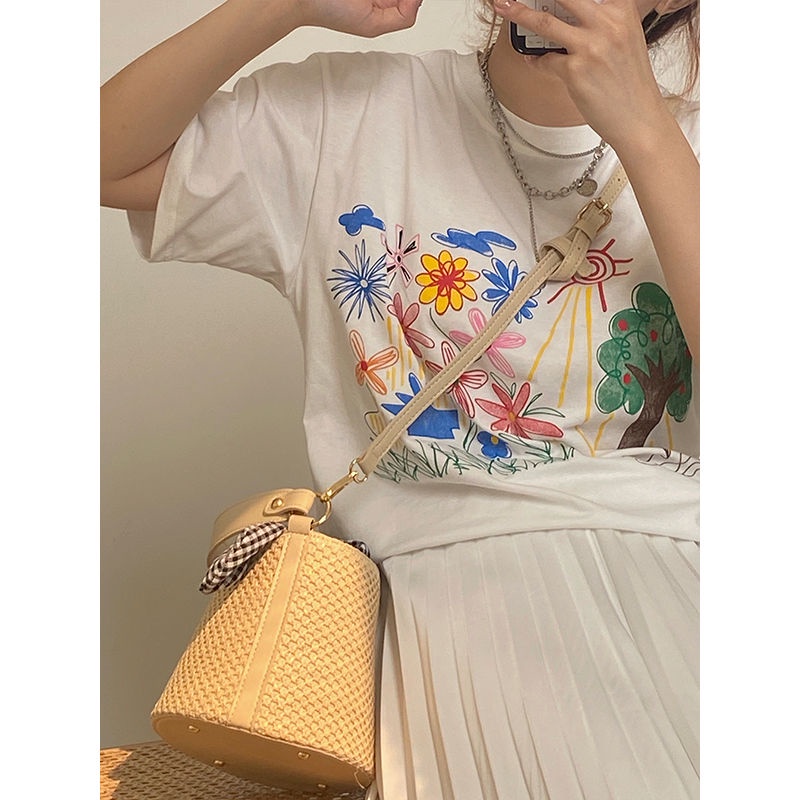 Túi Cói Đeo Chéo Đính Nơ Họa Tiết Sọc Caro Xinh Xắn Thời Trang