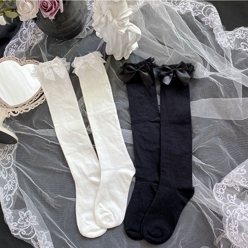 Đôi vớ cổ cao tới đầu gối co giãn phối ren nhún bèo đính nơ màu trơn phong cách lolita ngọt ngào mùa hè cho nữ