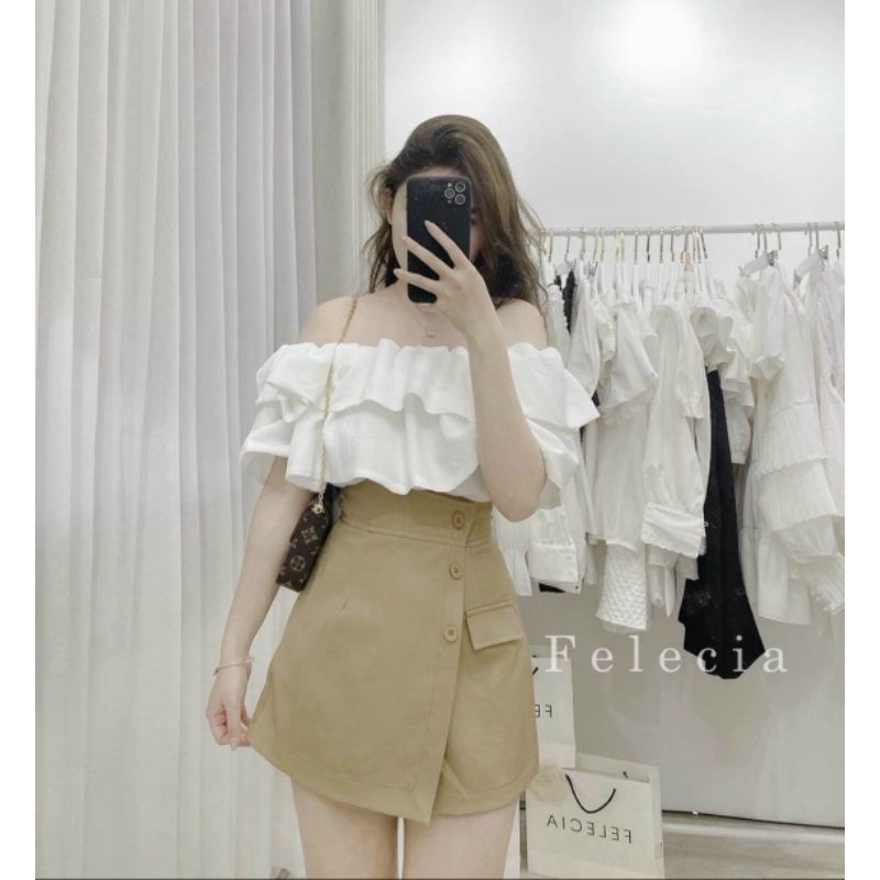 SET ÁO TRỄ VAI PHỒNG CHÂN VÁY NUDE NÚT🌸VIDEO THẬT SHOP QUAY SET8510