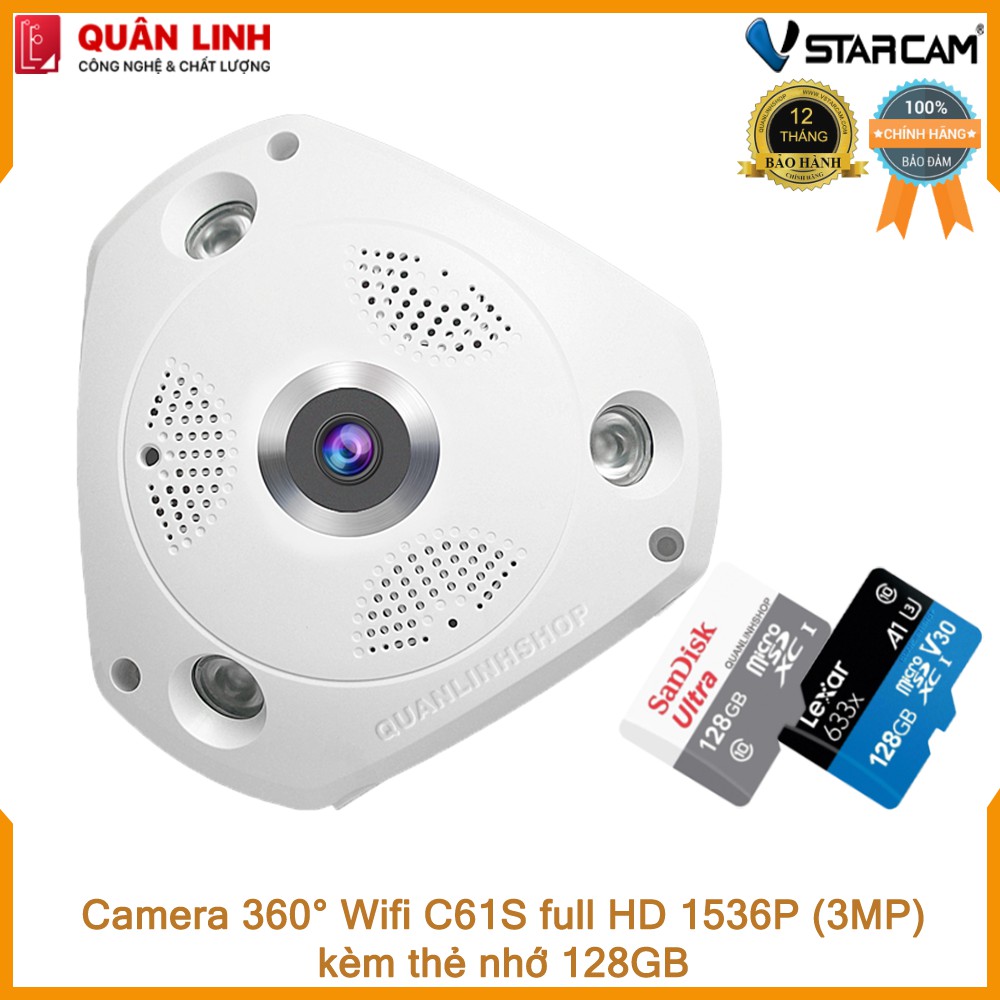 Camera Wifi IP Vstarcam C61s full HD 1536P ốp trần, góc rộng 180 độ kèm thẻ 128GB