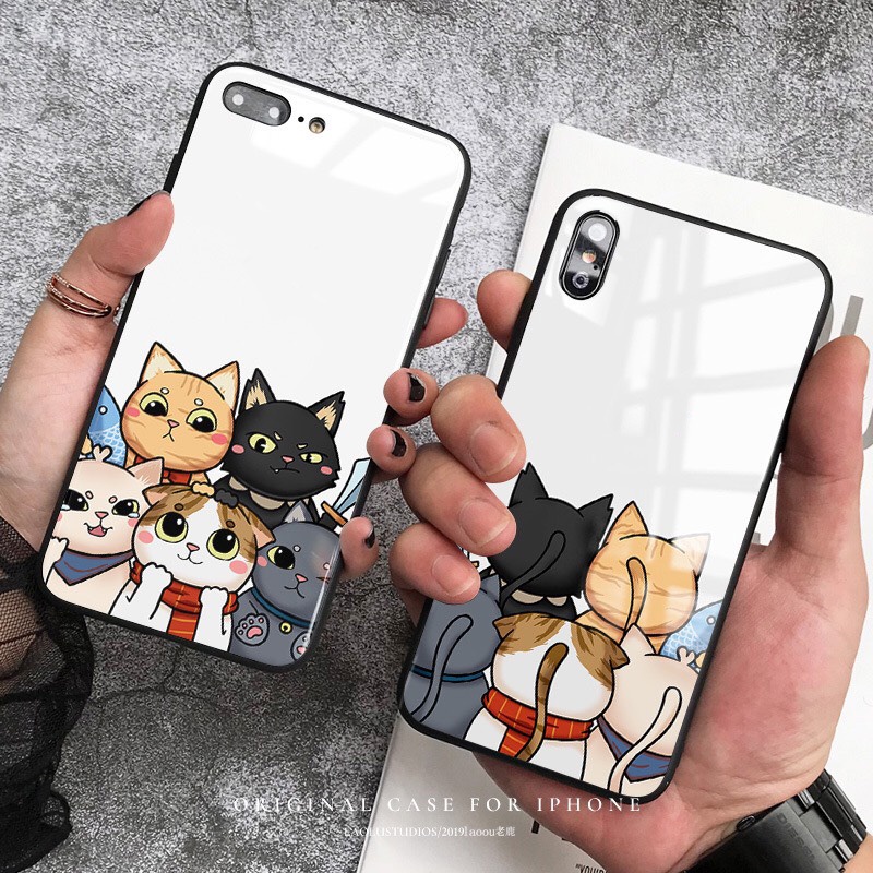 Ốp kính iphone mèo cute cho iphone 6 s plus 7 8 plus Xr X s max 11 11 pro max 12 mini 12 pro max Se2