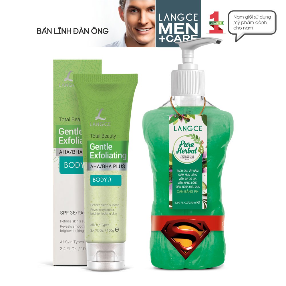 Bộ Gel Tắm Viêm Da Cơ Địa, Ngừa Mụn 250ml + Tẩy Tế Bào Chết BODY it - Toàn Thân 100ml BS LANGCE dành cho Nam