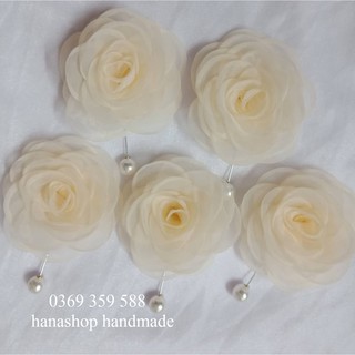 Nơ Cài Áo - Hoa Cài Áo 9cm Màu Kem - Hoa Voan Cài Áo