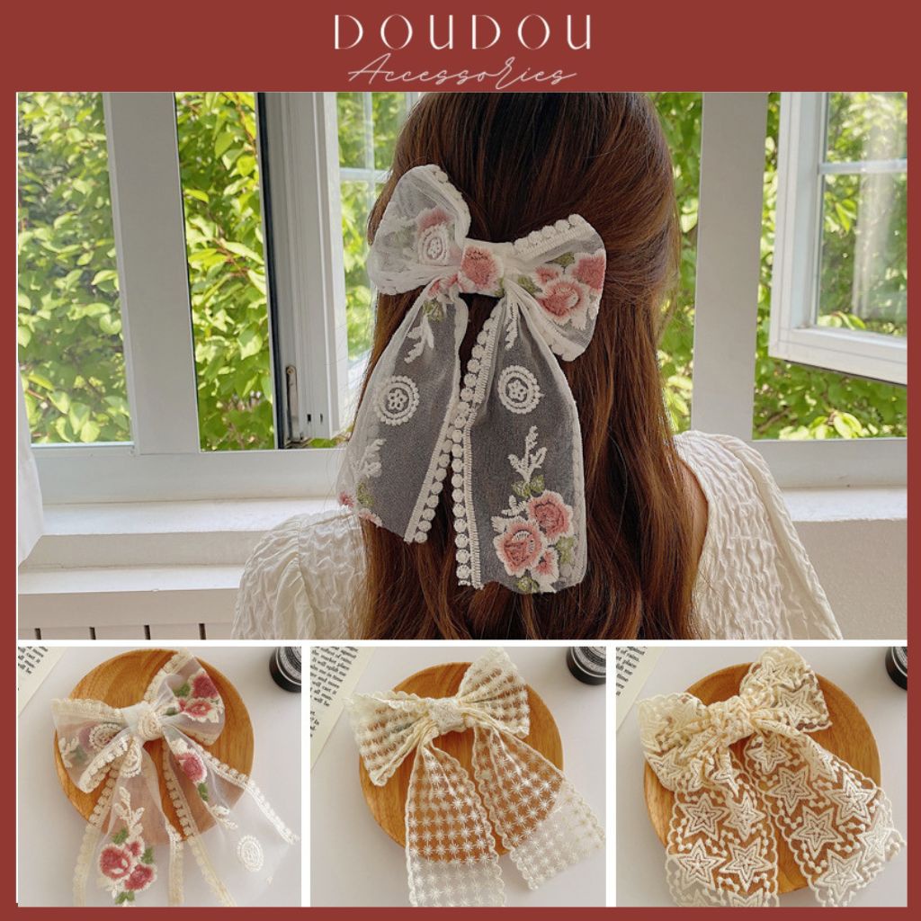 Phụ kiện kẹp tóc xinh DOUDOU Cặp tóc Kẹp tóc nơ tiểu thư thêu hoa công chúa nàng thơ phong cách Hàn Quốc Hottrend FJ017