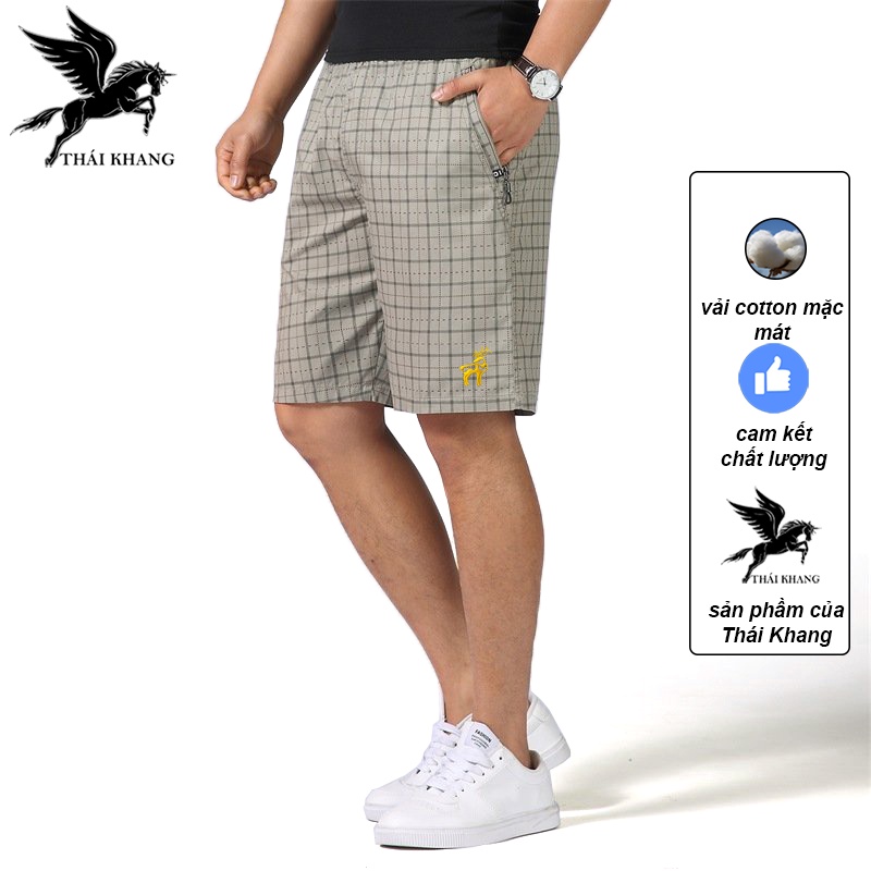 Quần đùi nam mặc nhà cotton caro túi quần có dây kéo loại quần đùi nam mặc nhà hoặc đi chơi dài tới đùi gối