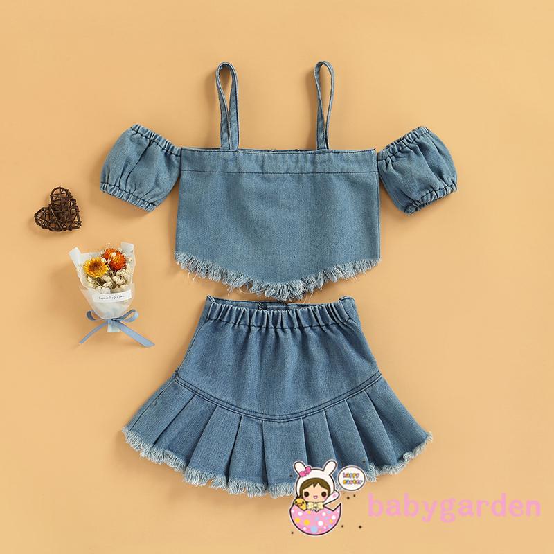 Set áo kiểu hai dây và chân váy lưng cao thiết kế xếp ly vải jean thời trang dành cho bé gái 1-6 tuổi