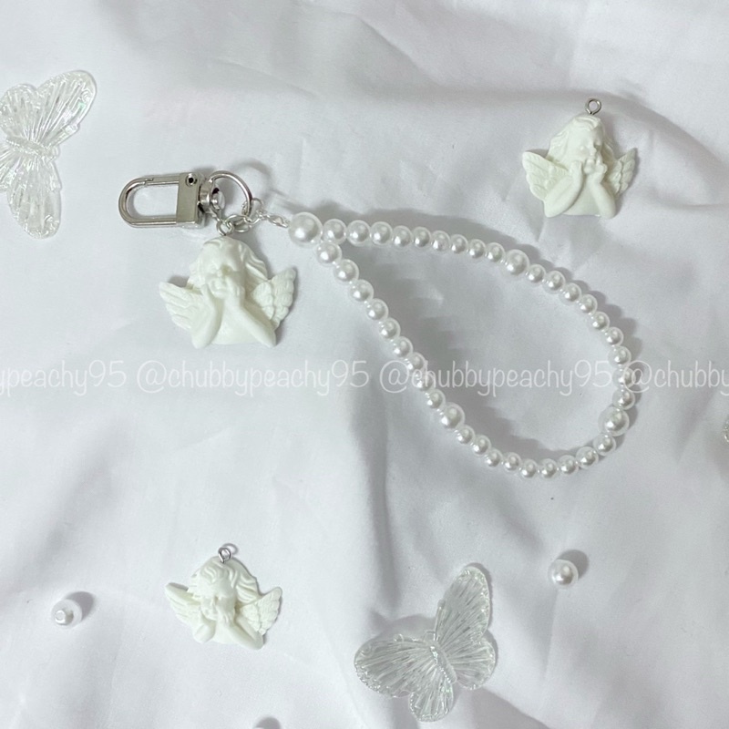 Keyring/Keychain/Móc khoá in ảnh mix dây hạt trai và charm thiên thần - Angel charm handmade