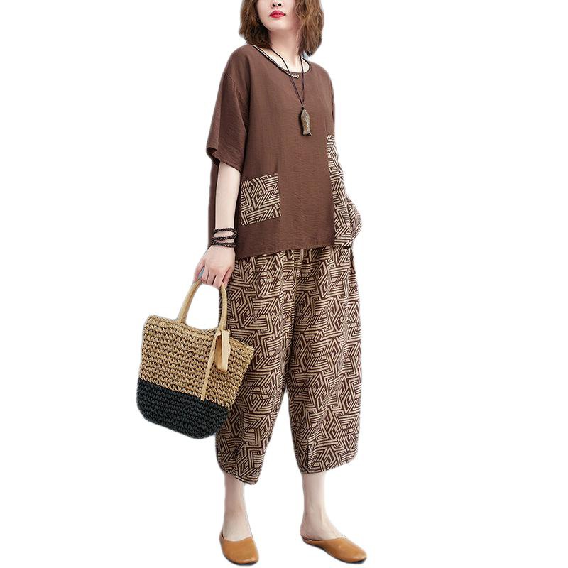 Set Áo Thun Ngắn Tay Cổ Tròn + Quần Dài Ống Rộng In Họa Tiết Thời Trang Nữ Plus Size