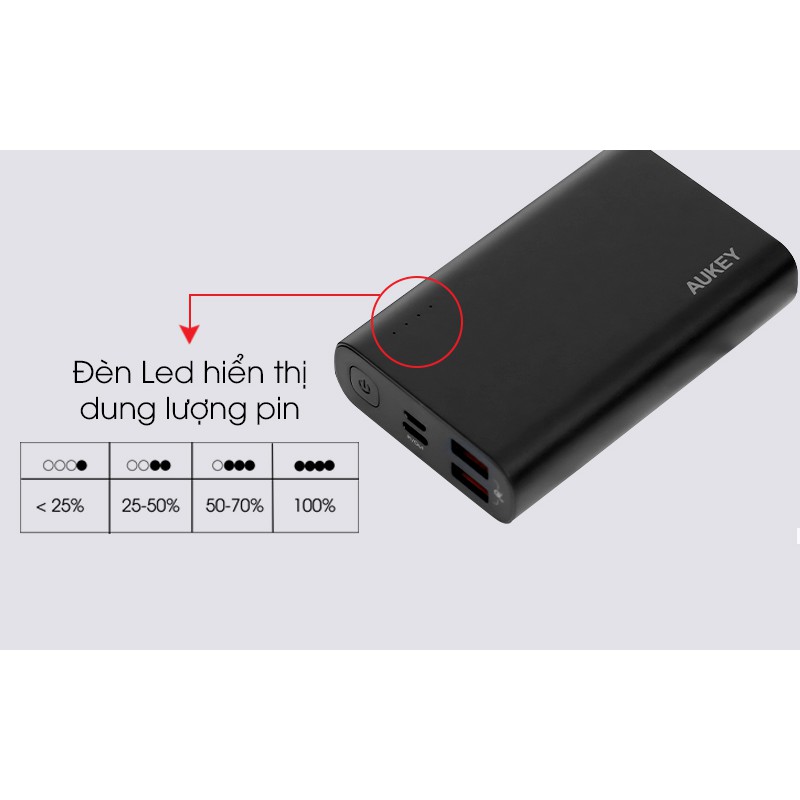 [Mã 33ELSALE hoàn 7% đơn 300K] Pin sạc dự phòng Polymer 10.000mAh Type C PD QC3.0 Aukey PB-XD12 Đen