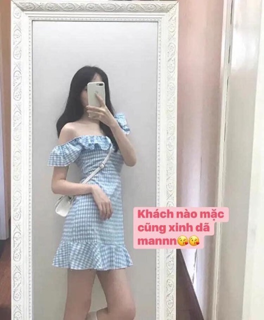 Váy kẻ xanh hở vai-chất mát-mịn