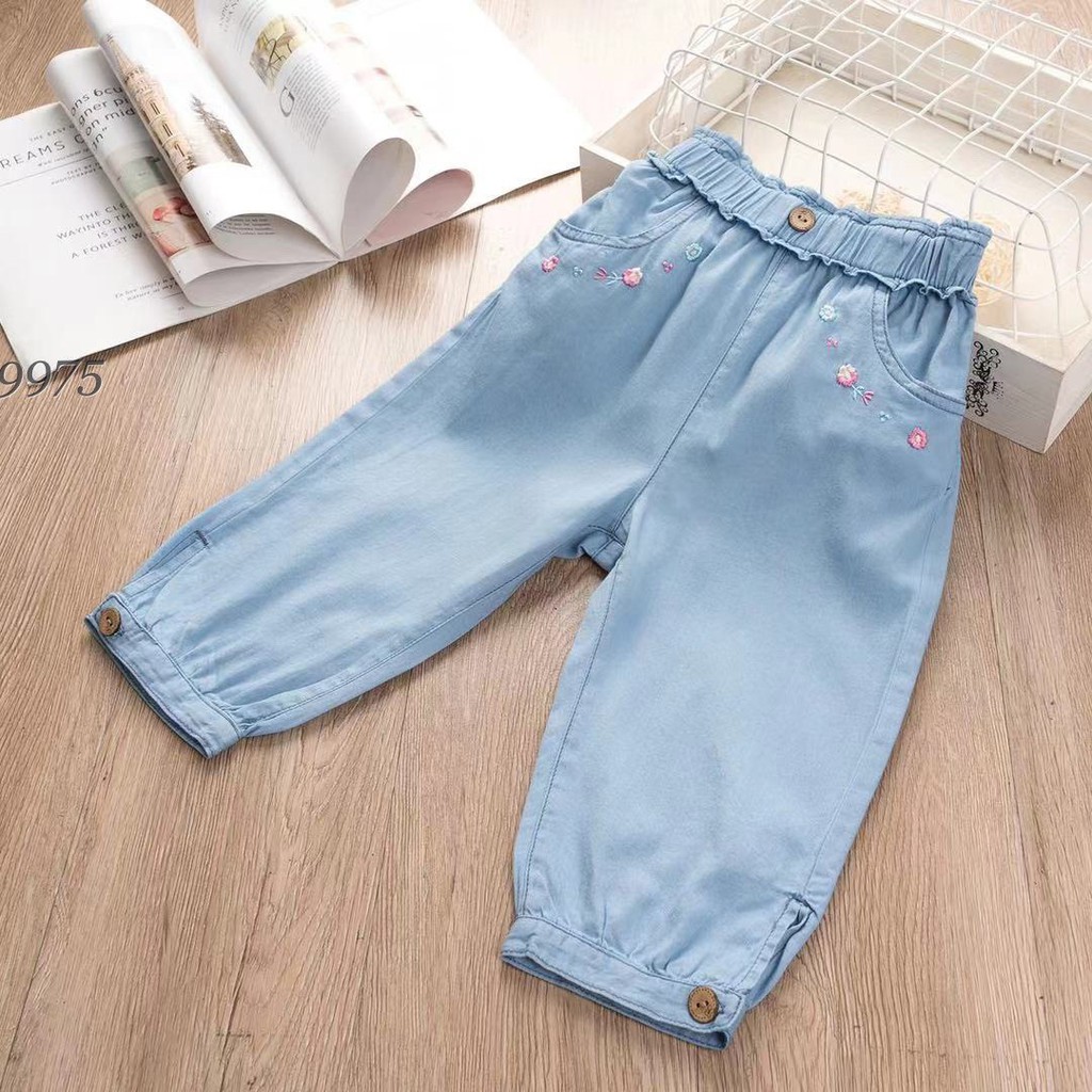 Quần jean bé gái, Quần giả jeans ống suông cho bé, ngố jean giấy mềm trẻ em, sooc jean giấy bé gái thoải mái vận động