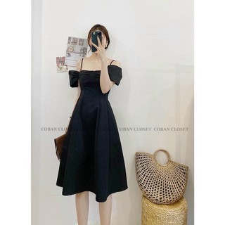 ĐẦM NƠ RỚT VAI TRẮNG KEM ĐEN