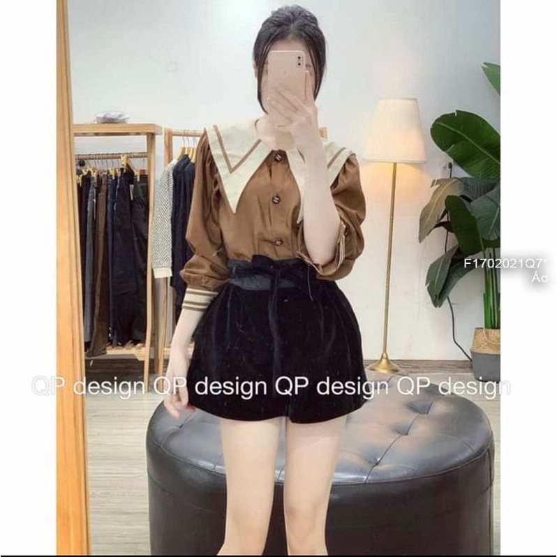 Áo sơ mi nút kiểu cổ vạt nhọn phối viền tay dài gài nút 1702