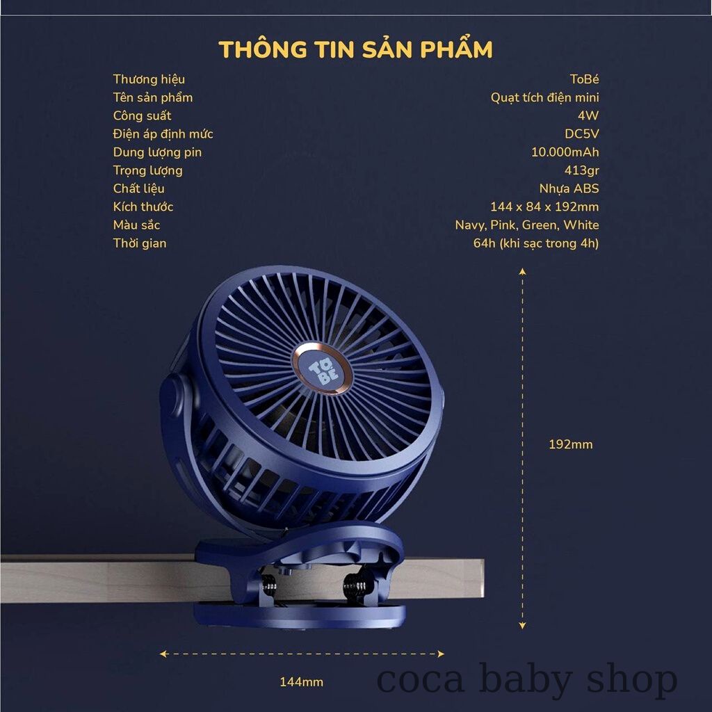 Quạt tích điện mini Tobe - sử dụng cho mọi không gian,nhỏ gọn kẹp đẩy xe em bé để bàn pin khủng 10000 mAh