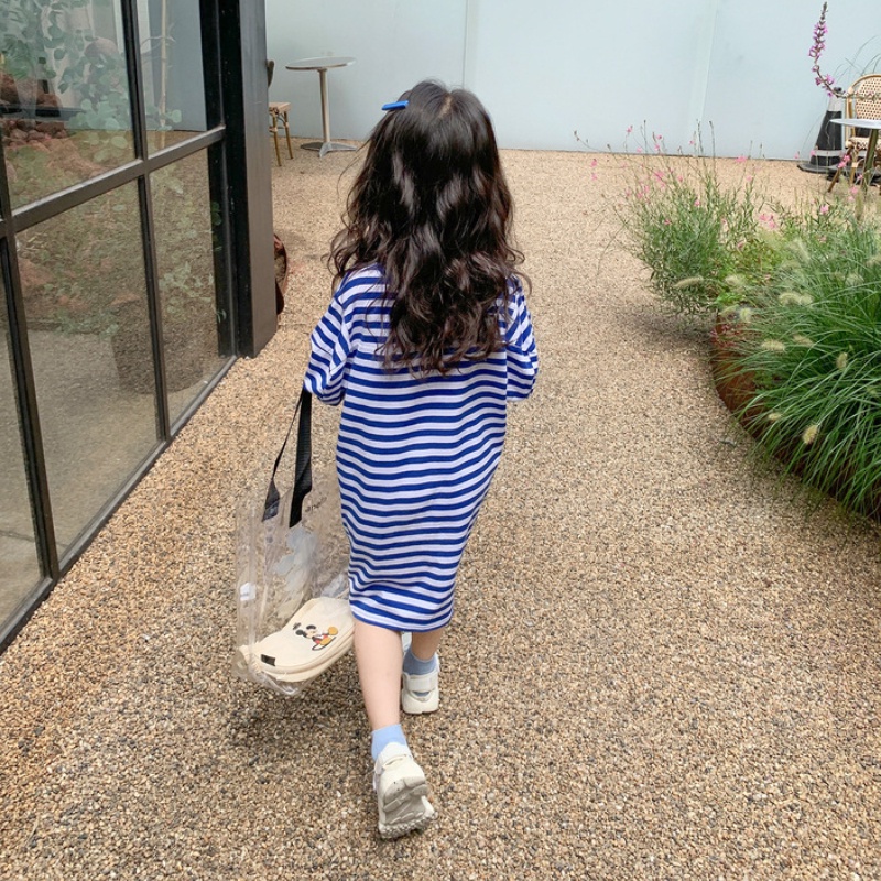 Váy cho bé gái Áo Thun Tay Ngắn Cổ Tròn Họa Tiết Sọc Ngang Dành Cho Bé Gái 1-6 Tuổi