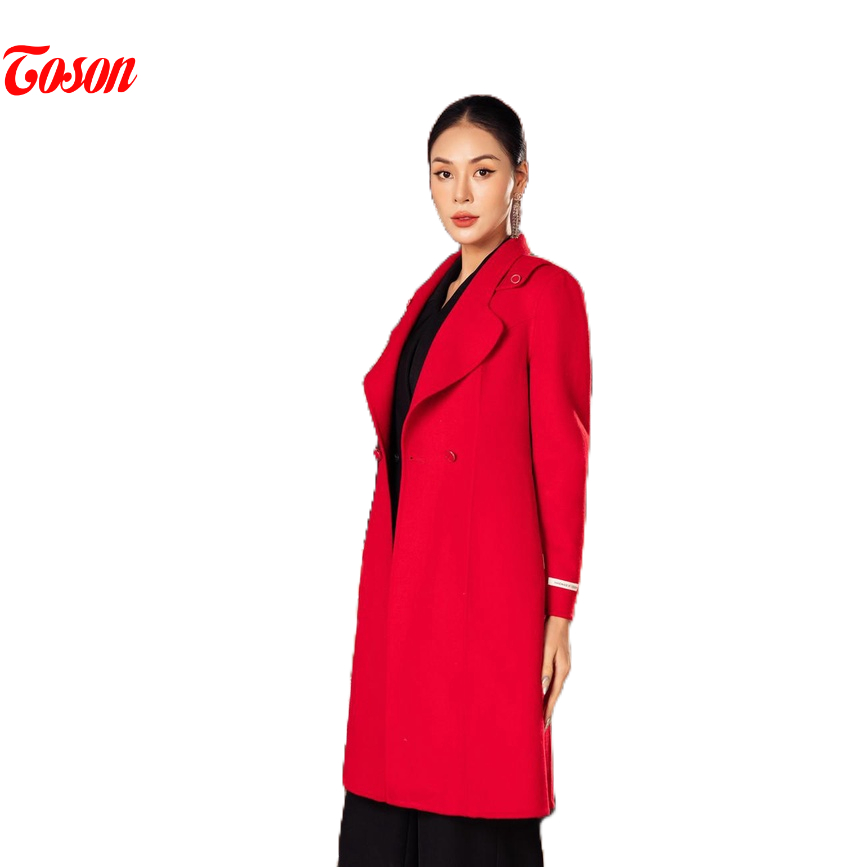 Áo dạ lông cừu đỏ dáng dài, cổ K vai can tà bong Limitted Toson 99959D82