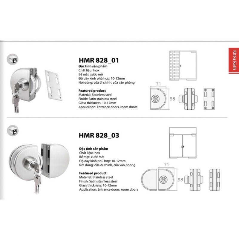 Khoá cửa kính cường lực - khoá bán nguyệt không cần khoan lỗ kính ug