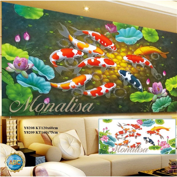 Tranh đính đá cá cửu ngư quần hội KT:120x60cm,160x75cm. Tranh gắn đá tự làm.