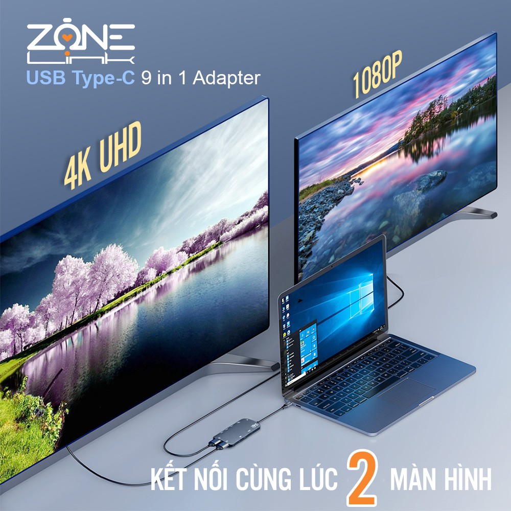 Cổng chuyển đổi USB TYpe C ZONELINK Z9IN1 (Type C to HDMI, USB, HDMI, SD, LAN)