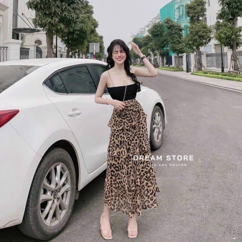 set đồ áo croptop 2 dây chân váy dài hoạ tiết chấm bi cực xinh chất liệu thun mềm mịn ảnh thật cuối
