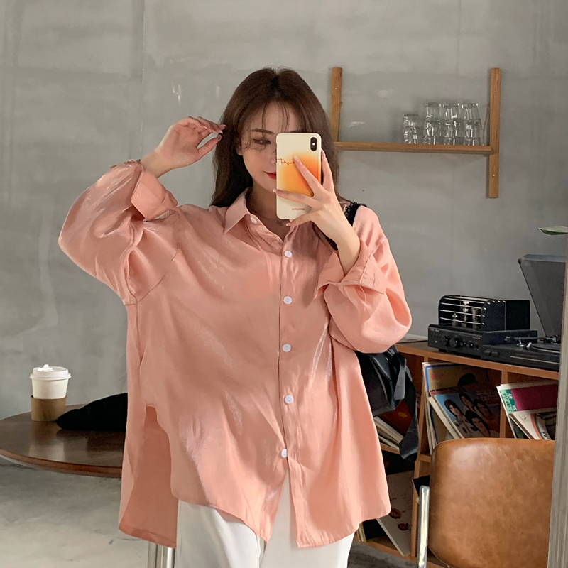 Áo sơ mi nữ dài tay màu hồng sáng nhũ phong cách cổ điển