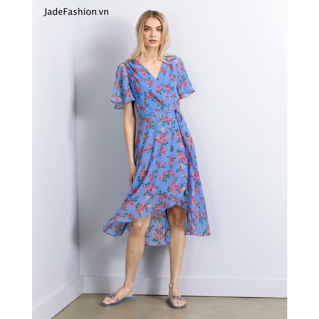Đầm voan cổ v in hoa Floral Print Chiffon Faux Wrap Dress - Big Size - JF121