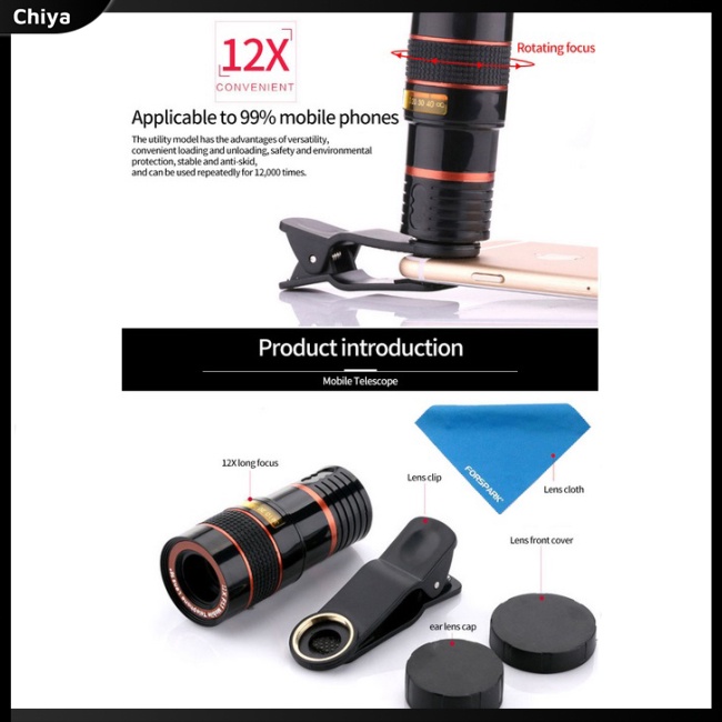 Ống Kính Macro HD Phóng To 12x 8x Với Kẹp Gắn Điện Thoại Thông Minh / Máy Ảnh