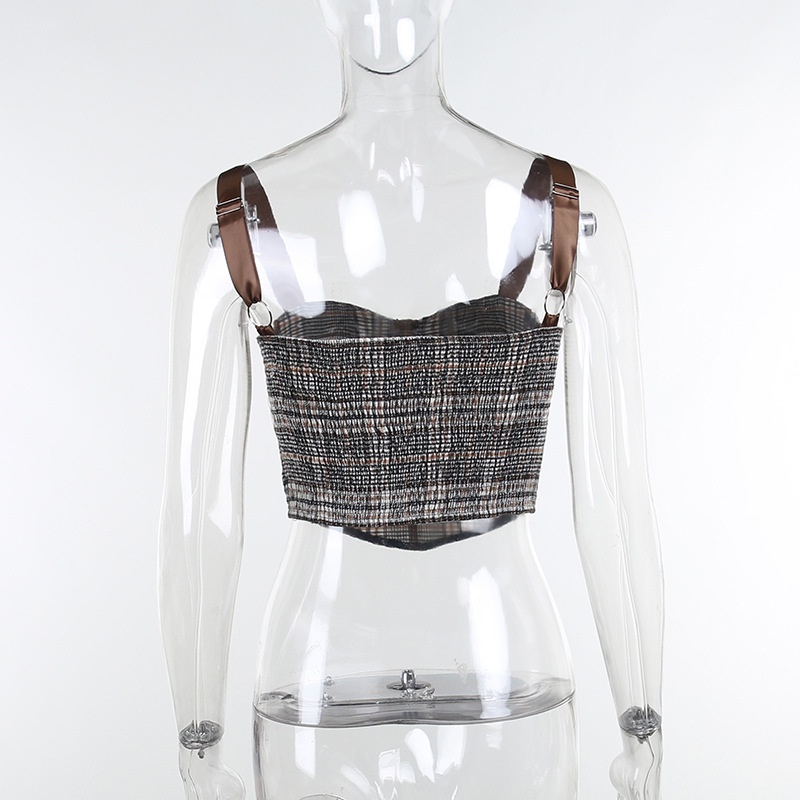 DUNEA Áo kiểu hai dây dáng ngắn họa tiết kẻ sọc ca rô phong cách retro thời trang cho nữ