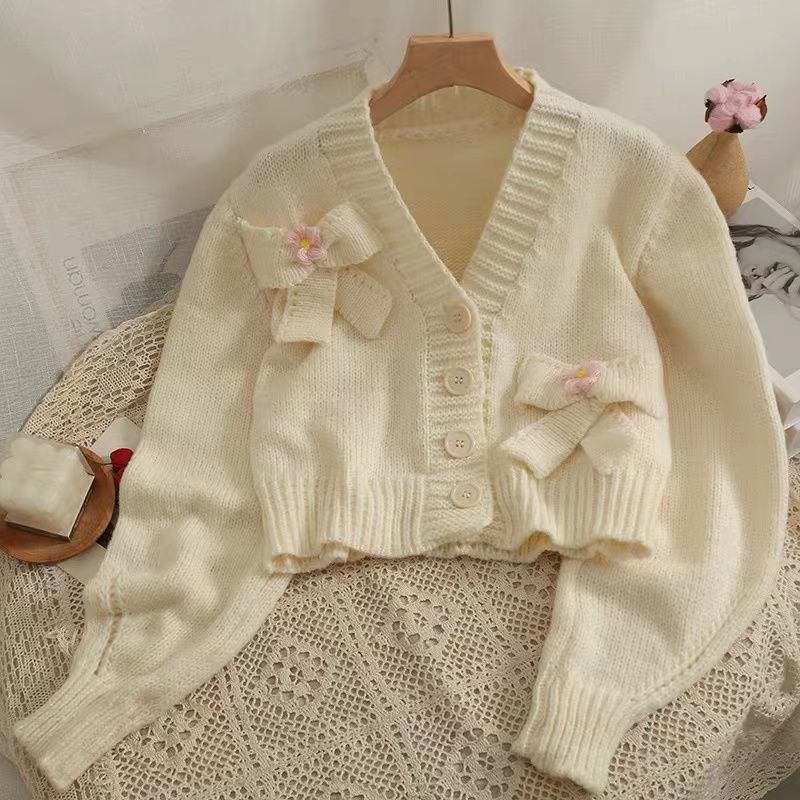 Áo cardigan Ngắn Tay Dài Dáng Rộng Cài Khuy Đính Nơ Phong Cách Hàn Quốc Mới Cho Nữ