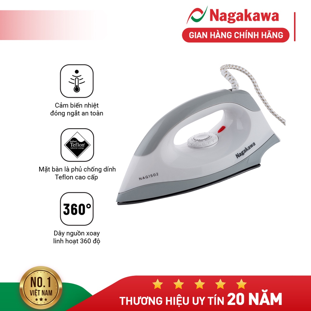 Bàn ủi Khô Nagakawa NAG1502 (1200W) - Đế chống dính teflon cao cấp - Cảm biến nhiệt đóng ngắt an toàn - Hàng chính hãng