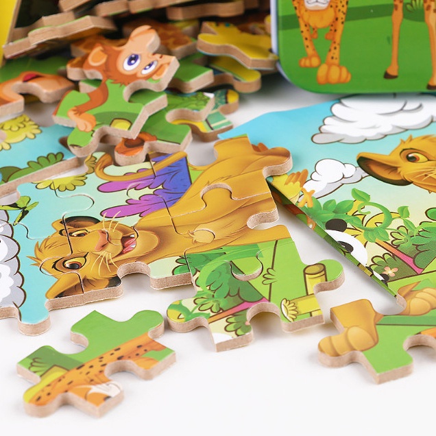 Đồ chơi ghép hình 60 mảnh hộp sắt. Tranh kích thước 14 x 22.5 cm, Đồ chơi trẻ em lắp ráp tranh ghép gỗ BAPKIDS