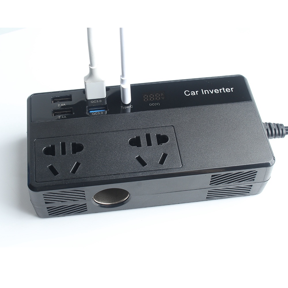 Tẩu sạc ô tô chuyển đổi nguồn điện 200W 12V sang 220V Ổ cắm chuyển đổi điện ô tô đa chức năng, Có thêm jack cắm type C