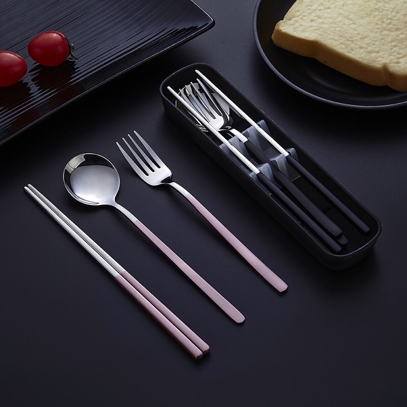Bộ muỗng đũa dĩa thìa inox 304 sang trọng bộ dụng cụ ăn uống, ăn trưa văn phòng, dã ngoại kèm hộp đựng