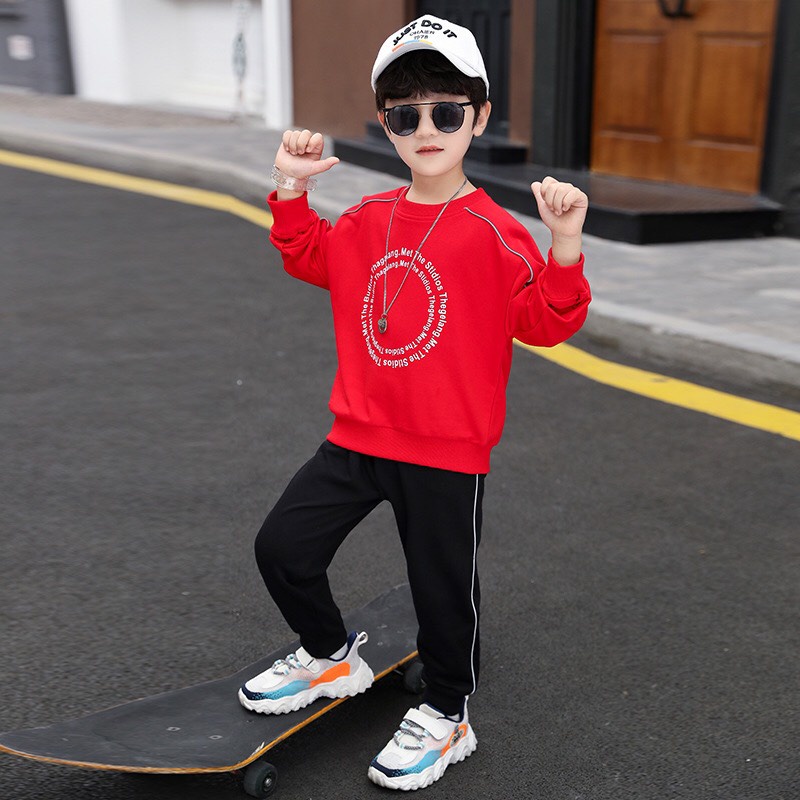 Bộ quần áo thu đông trẻ em 14-45kg mẫu HÌNH TRÒN dành cho bé trai chất vải nỉ da cá dày dặn giữ ấm tốt