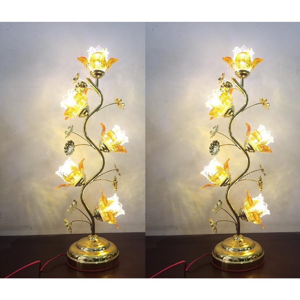 [ HÀNG ĐẠI ] 2 Cây Đèn Thờ Hoa Sen 5 Bông Thủy Tinh Pha Lê Cao Cấp 75 Cm-đèn ban thờ đẹp giá rẻ ( Màu Đỏ - Vàng )