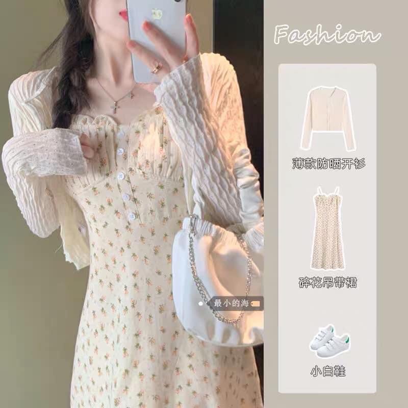 Set váy hoa nhí ulzzang kèm áo cadigan vải xốp