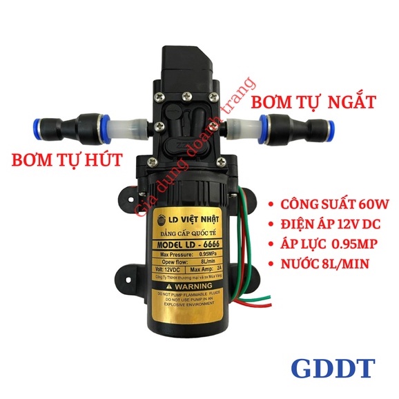 Máy bơm nước mini 12v, Máy bơm phun sương việt nhật kèm đầu chuyển nối nhanh 12mm ra 8mm