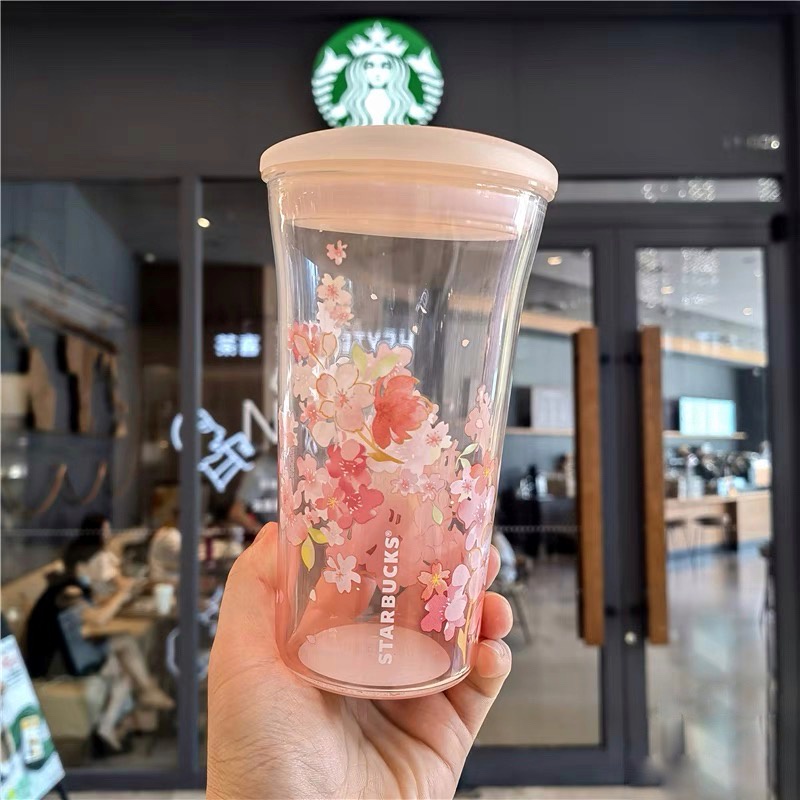 Ly cốc thủy tinh Starbucks  Sakura hồng nắp trượt  Dung tích 473ml