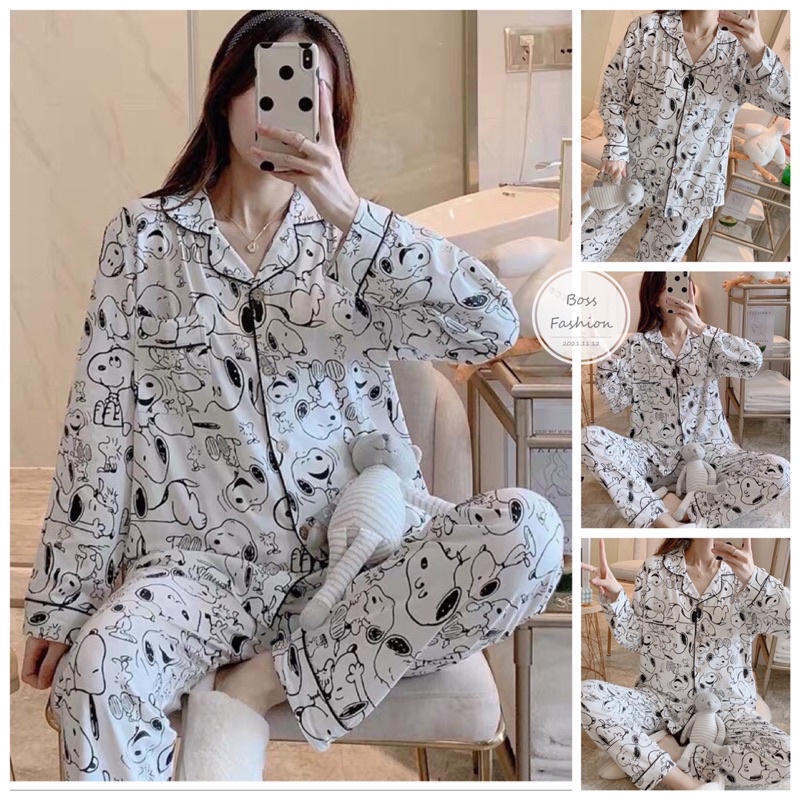 Bộ Ngủ Pijama Nữ Dáng Dài Mặc Nhà Chó, Cún Trắng Thu Đông Kate Form Rông