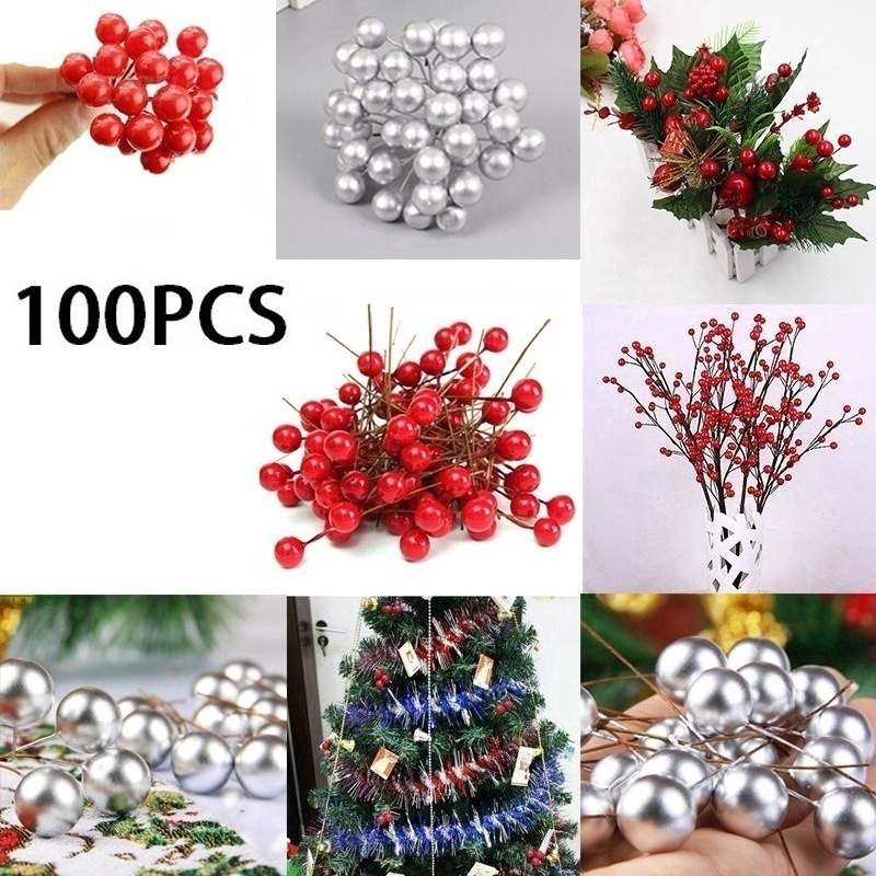 100x  Artificial Red Holly Berry Christmas Decor On Wire Bundle Garland Wreath