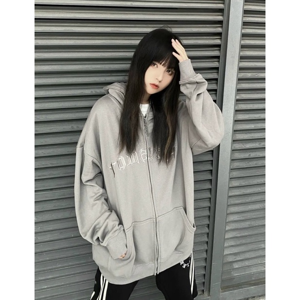 Áo Khoác Hoodie In chữ Tay Bồng  Nữ [FREESHIP]  Jacket form rộng có mũ màu ĐEN/TRẮNG Ulzzang