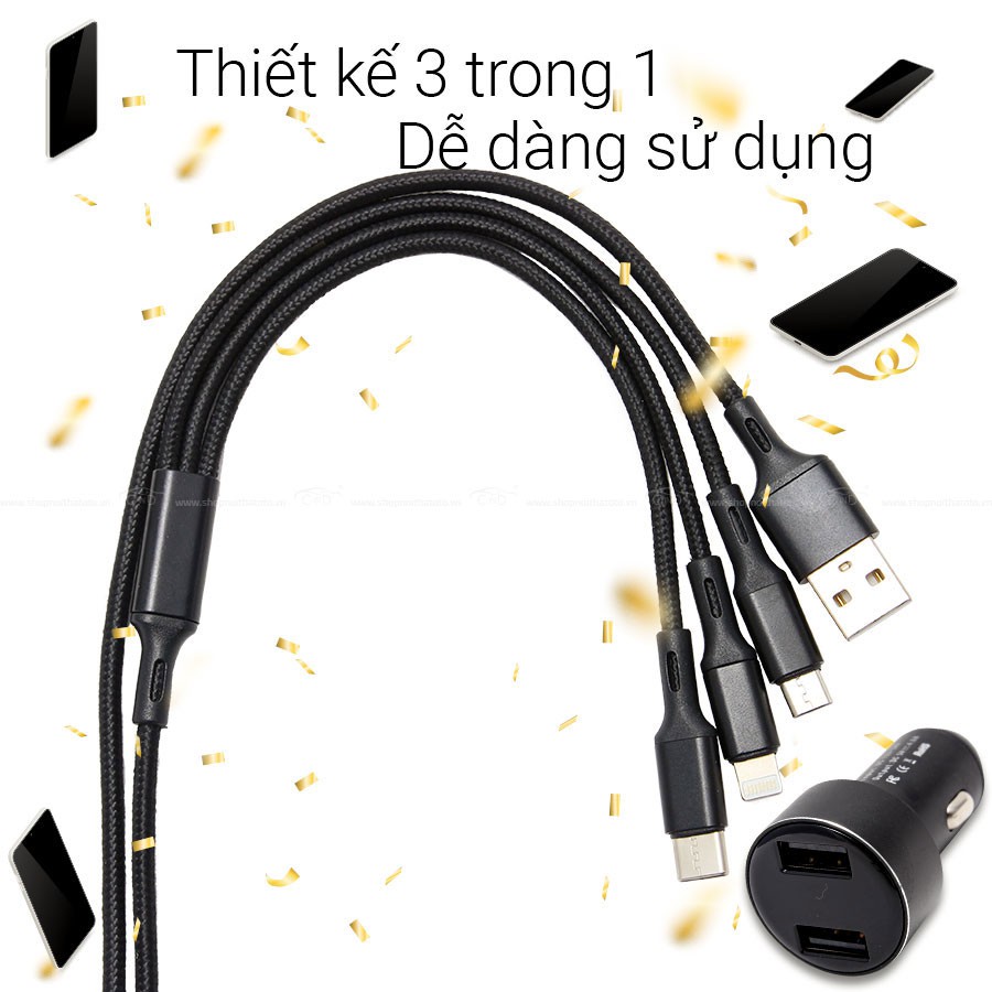 Bộ Sạc Điện Thoại 2 Cổng USB Và Cáp Sạc 3 Đầu Lightning/Micro USB/Type C CIND C74 Màu Đỏ - Nhập Khẩu Chính Hãng