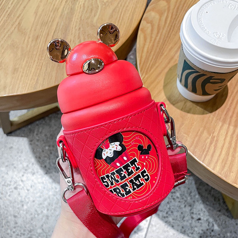 Bình nước giữ nhiệt SWEET TREATS tai chuột Mickey kèm bao da chất liệu 316 không gỉ dùng hàng ngày,mang đi học đi làm