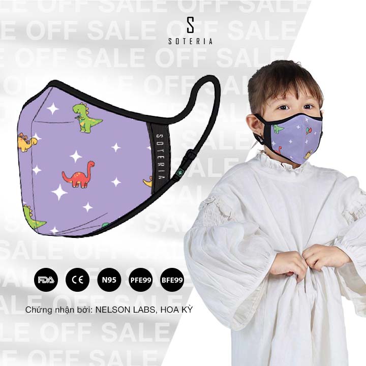 Khẩu trang tiêu chuẩn Quốc Tế SOTERIA Dino ST072 - Bộ lọc N95 BFE PFE 99 lọc đến 99% bụi mịn 0.1 micro- Size S,M,L