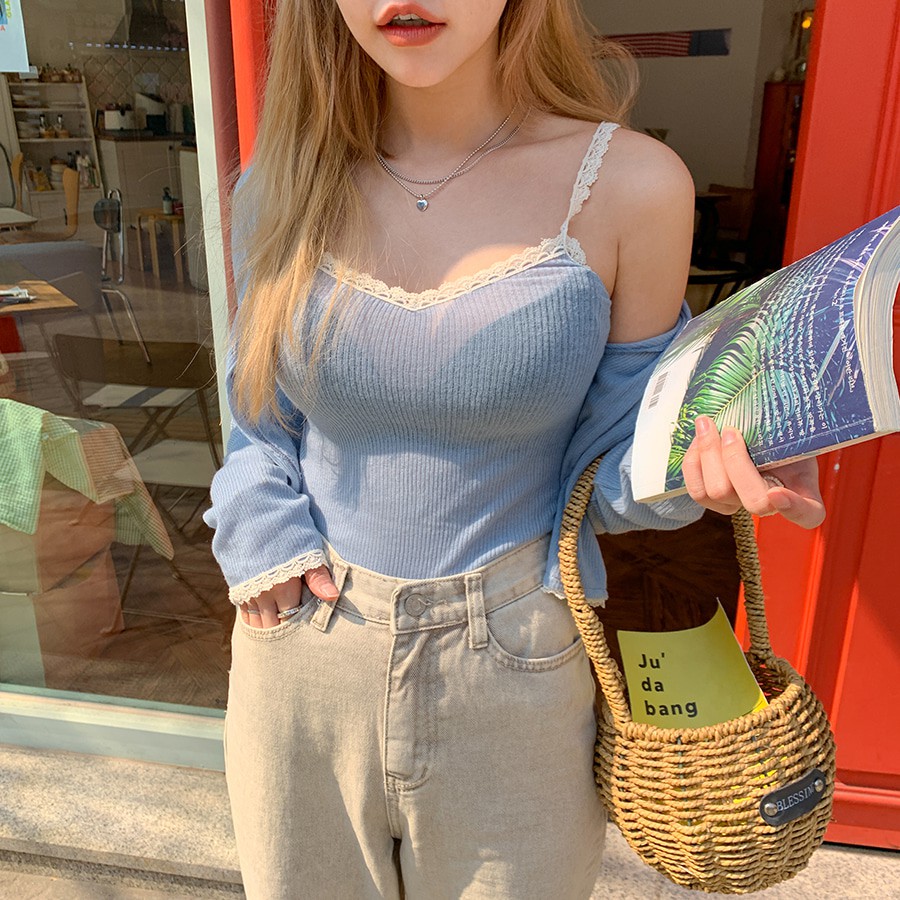 Set Áo Hai Dây + Áo Khoác Cardigan Dệt Kim Thời Trang Cho Nữ