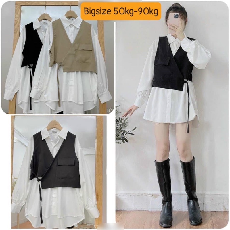 [Shop bigsize nữ 50k-90kg] Áo sơ mi peplum kèm áo khỉ