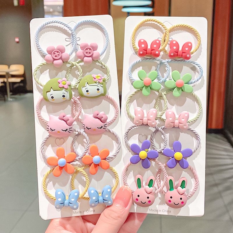 Set 10 Dây Cột Tóc Cao Su Họa Tiết Hoạt Hình Dễ Thương Cho Bé Gái