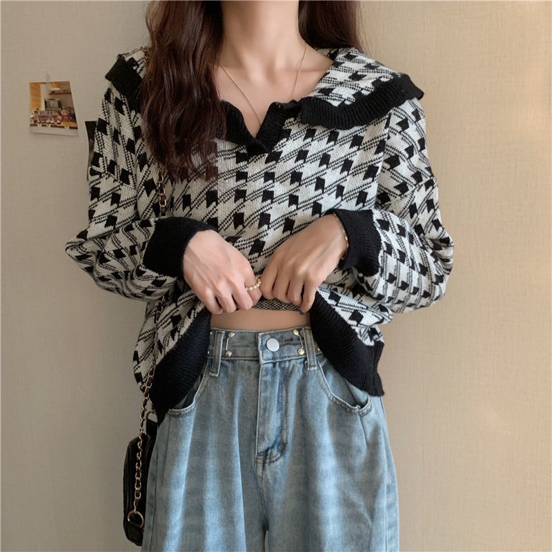 Áo dệt kim tay dài cổ búp bê dáng rộng phong cách hàn quốc