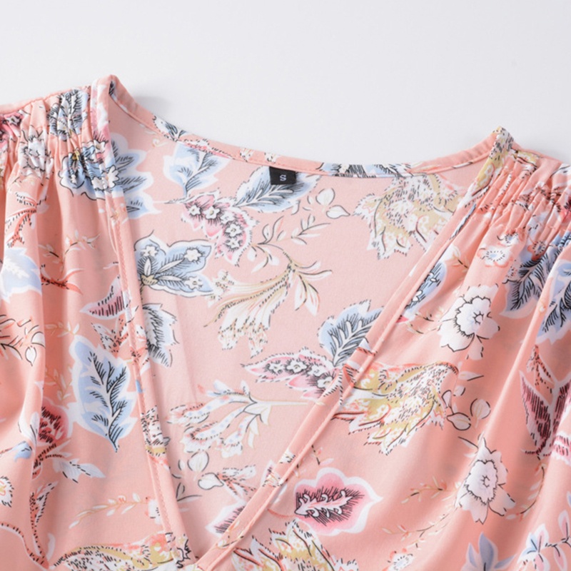 Đầm Midi Dáng Chữ A Tay Ngắn Phồng Cổ Chữ V In Họa Tiết Hoa Phong Cách Boho Thời Trang Cho Nữ